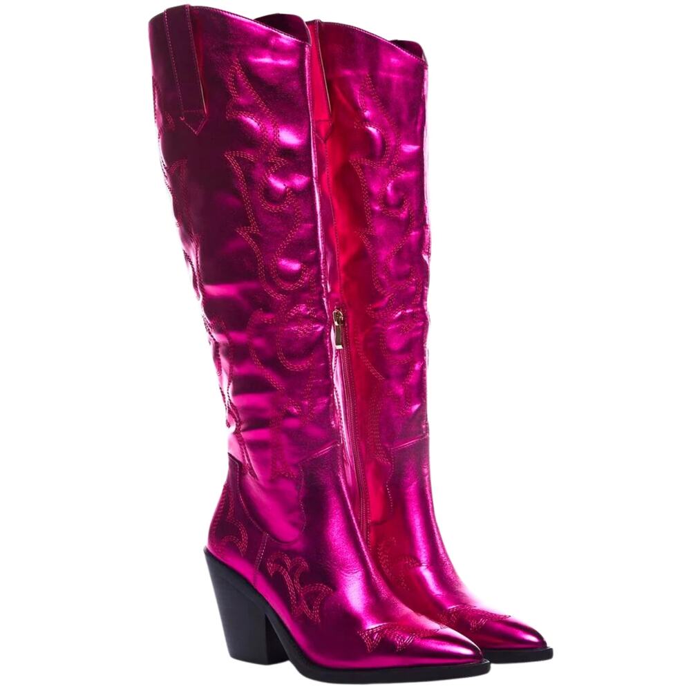 Azalea Wang Mimi Metallic Pink Cowboy Boots Knee High Mismatched Size L 8 R 9
